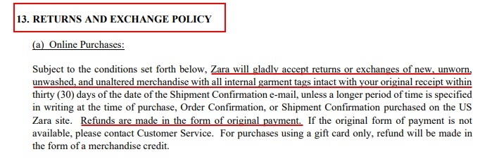 Zara Terms and Conditions: Returns and Exchange Policy clause
