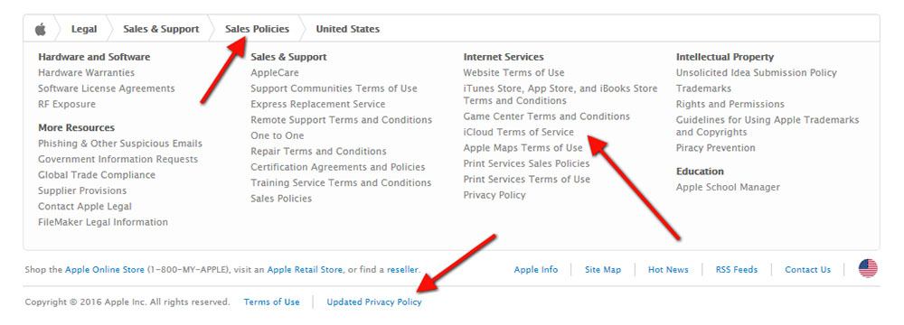 Arrow to legal links on Apple website footer