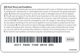 Gift Card Terms and Conditions of John Lewis