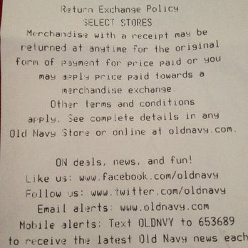 The Return Exchange Policy is printed by OldNavy