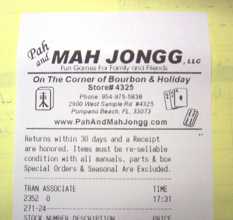 The Return Policy of Pah Mah Jongg on a printed receipt