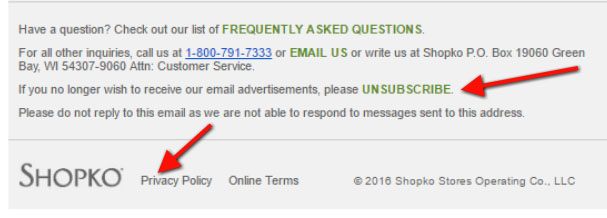 How the Shopko email newsletter links to Privacy Policy at bottom