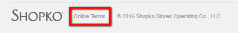 Shopko website: Highlight Online Terms agreement link