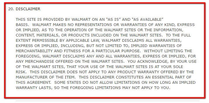 Walmart Terms of Use: Warranty Disclaimer, section 20