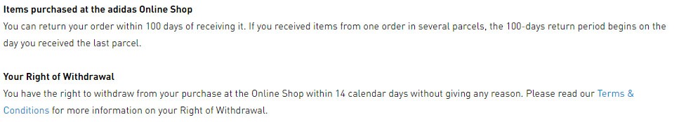 Adidas UK: Right to withdrawal in Return and Refund Policy