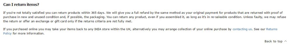 IKEA Return and Refund Policy: Conditions on returns