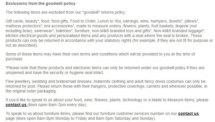 Marks & Spencer Return and Refund Policy: Exceptions to returns