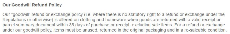 Marks and Spencer Terms and Conditions: Reference to Goodwill Return Policy