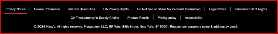 Macys website footer with privacy notice highlighted