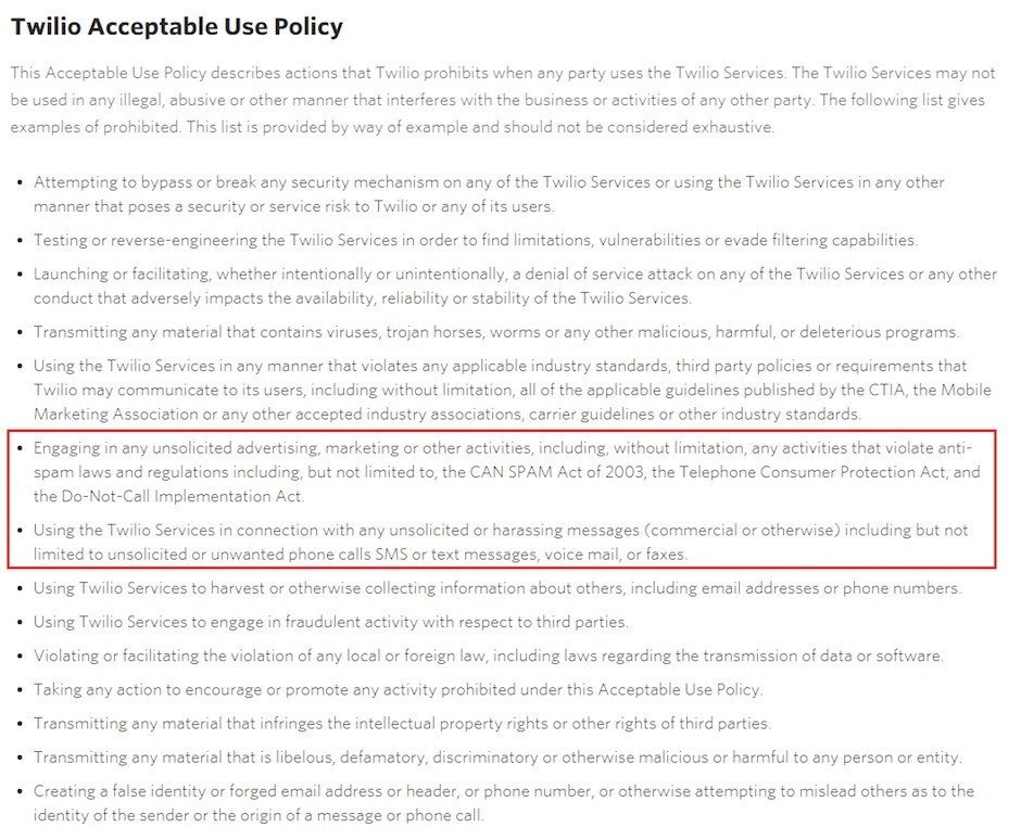 Screenshot of Twilio Acceptable Use Policy