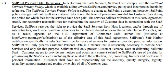 Sailpoint: Privacy Policy referenced in SaaS agreement