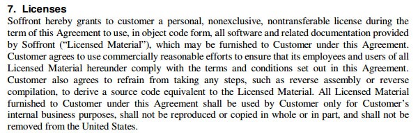 Soffront: Licenses clauses in SaaS agreement