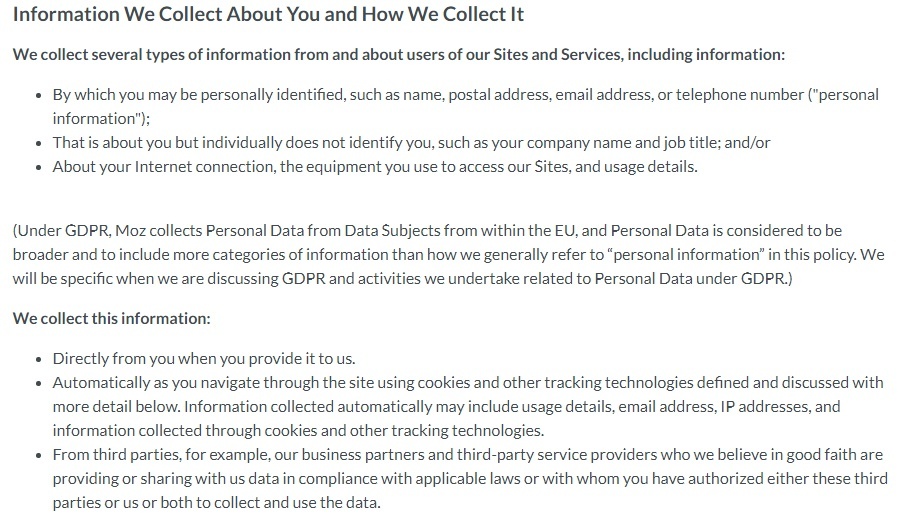 Moz Privacy Policy: Excerpt of Information We Collect About You and How We Collect it clause with GDPR