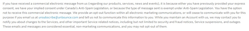 Unbounce Privacy Policy: Excerpt of clause about opting out of commercial messages and contact