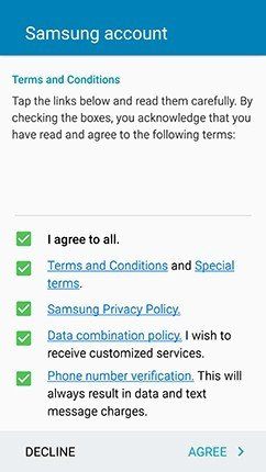 Mobile App of Samsung Account: Accept or Decline Terms & Conditions
