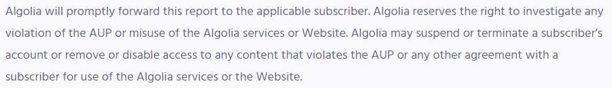 Algolia Acceptable Use Policy: Clause to reserve the right to suspend or terminate violating accounts