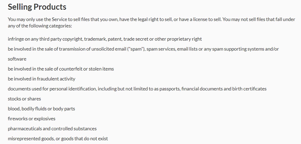 PayToolbox Acceptable Use Policy: Excerpt of Selling Products clause