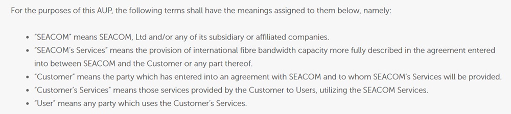 SEACOM Acceptable Use Policy: Definitions section