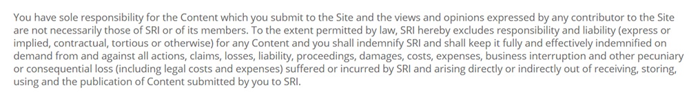 Seafarers Rights International Acceptable Use Policy: Indemnity clause