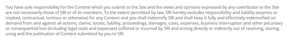 Seafarers Rights International Acceptable Use Policy: Indemnity clause