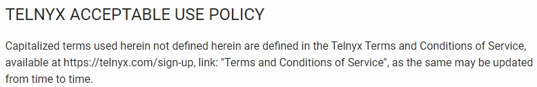 Telnyx Acceptable Use Policy: Definitions in Terms and Conditions section