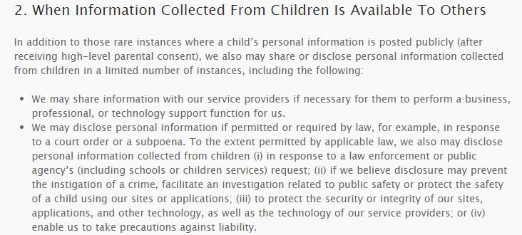 Disney Jr. COPPA Privacy Policy: Information collected from children available to third parties
