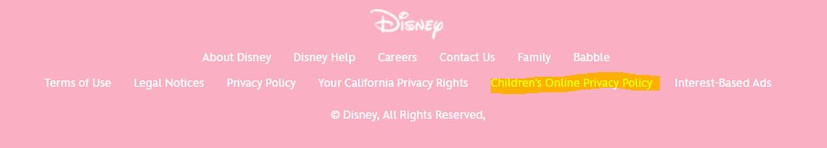 Children Online Privacy Policy link in footer of Disney Jr website
