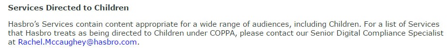 Hasbro COPPA Privacy Policy: Email for Websites under COPPA list