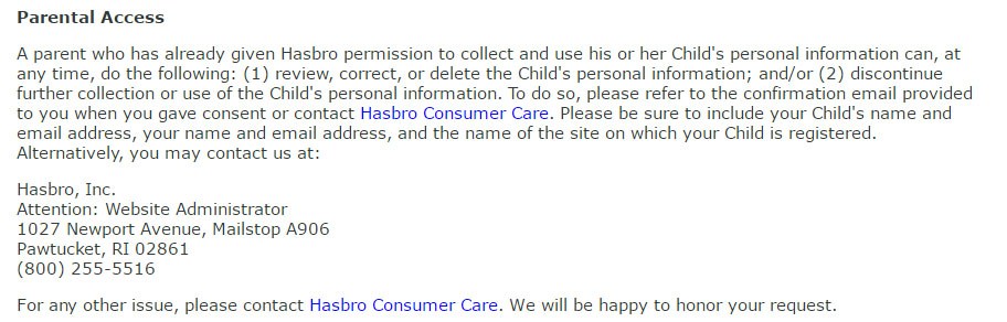 Hasbro COPPA Privacy Policy: Parental Access