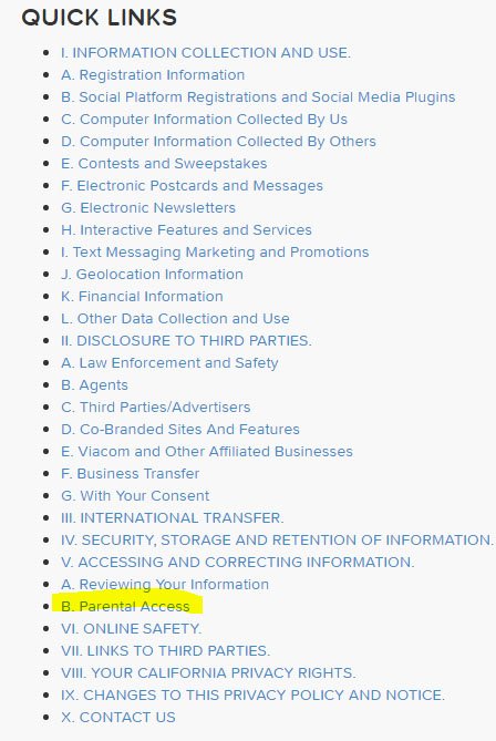 Nick Jr. COPPA Privacy Policy: Parental Access in Table of Contents