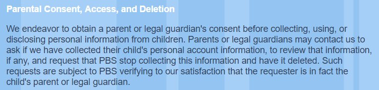 PBS Kids COPPA Privacy Policy: Parental Consent, Access and Deletion