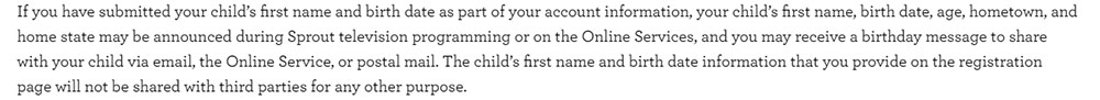 Sprout COPPA Privacy Policy: Children Personal Information is provided to parents