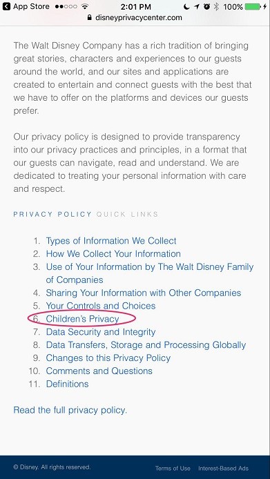 Walt Disney Privacy Center Mobile Website: Children Privacy item