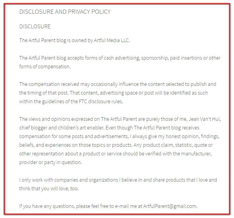 Screenshot of Artful Parent Disclosure Page