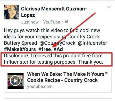 Example of Facebook Post with #ad hashtag and disclosure