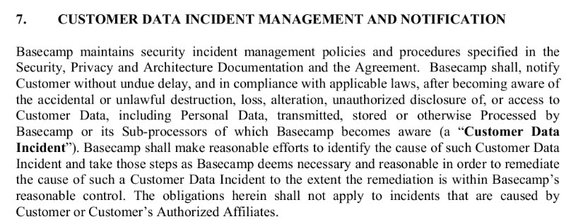 Basecamp's Data Processing Addendum: Customer Data Incident Management and Notification clause