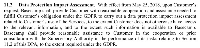 Basecamp's Data Processing Addendum: Data Protection Impact Assessment clause