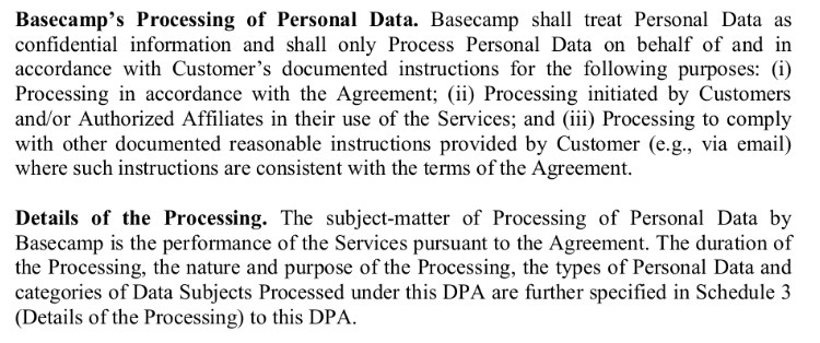 Basecamp's Data Processing Addendum: Processing of Personal Data clause excerpt