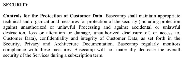 Basecamp's Data Processing Addendum: Security clause