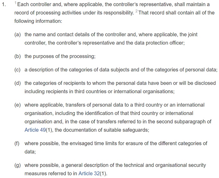 GDPR Article 30: Section 1: Records of processing activ
