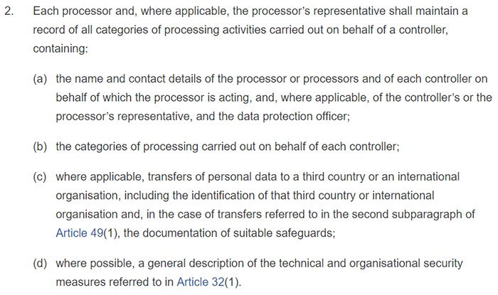 GDPR Article 30: Section 2: Records of processing activities