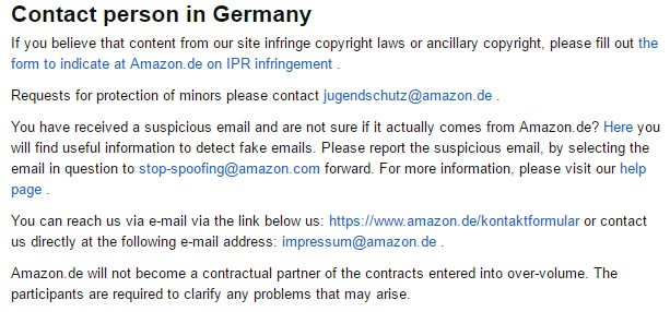 Amazon Germany: Contact person section in Impressum