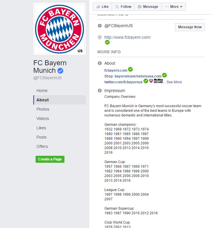 Screenshot of Impressum of FC Bayern Munich on Facebook