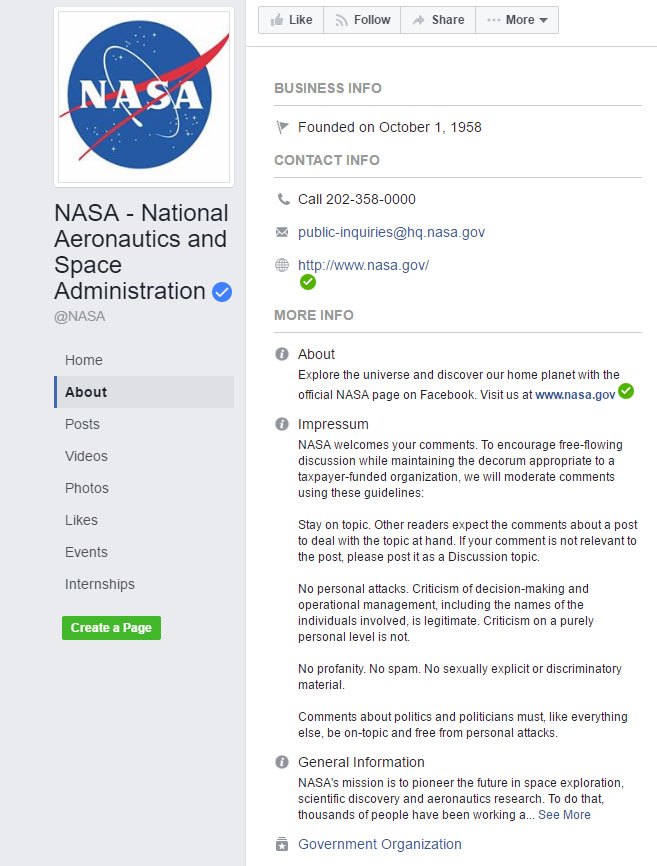 NASA Impressum has Rules section on Facebook