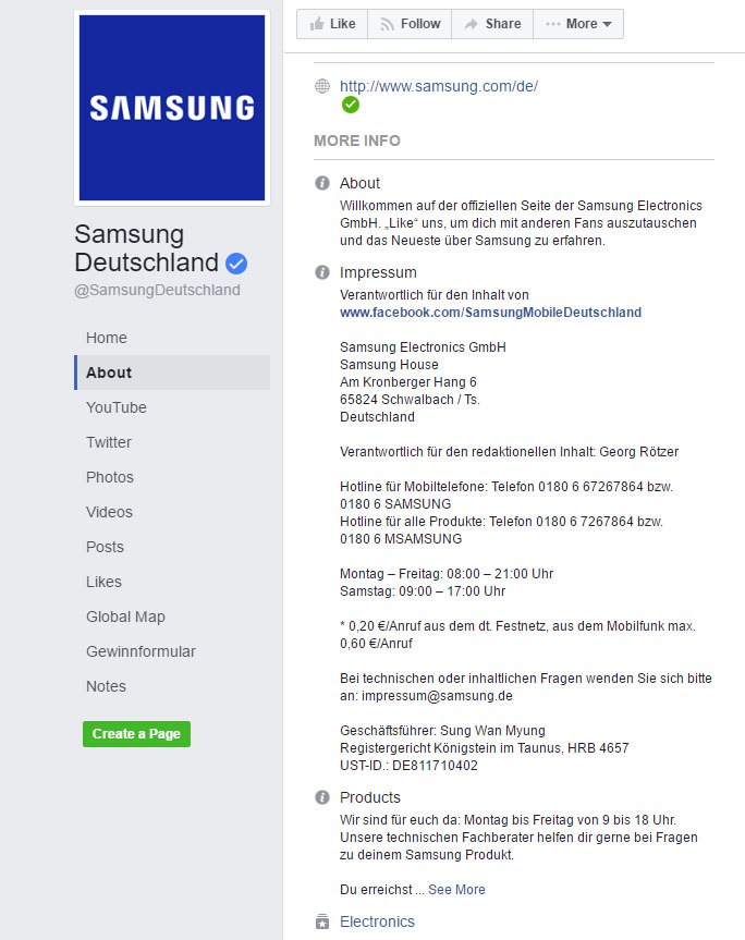 Screenshot of Impressum from Samsung Deutschland on Facebook