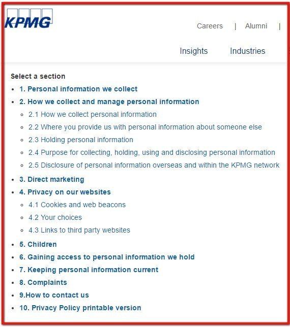 KPMG Australia Table of Contents in Privacy Policy