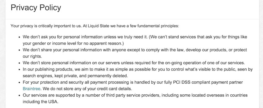 Liquid State Screenshot of Privacy Policy