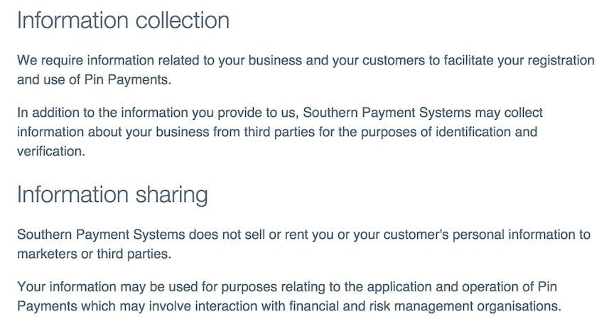 Pin Payments Privacy Policy Screenshot