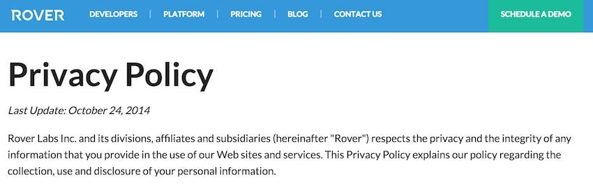 Screenshot of Rover Privacy Policy