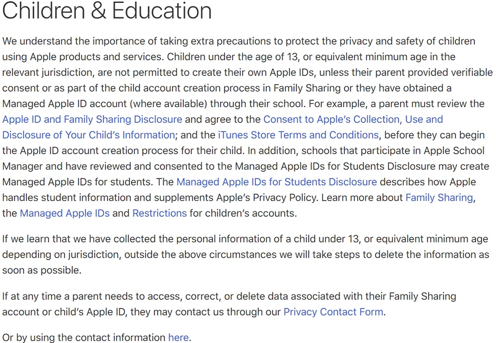 Apple Privacy Policy: Children and Education clause